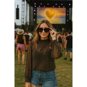 Wild Fable Women Medium Leopard Mesh Mock Neck Long Sleeve Pullover Top Festive